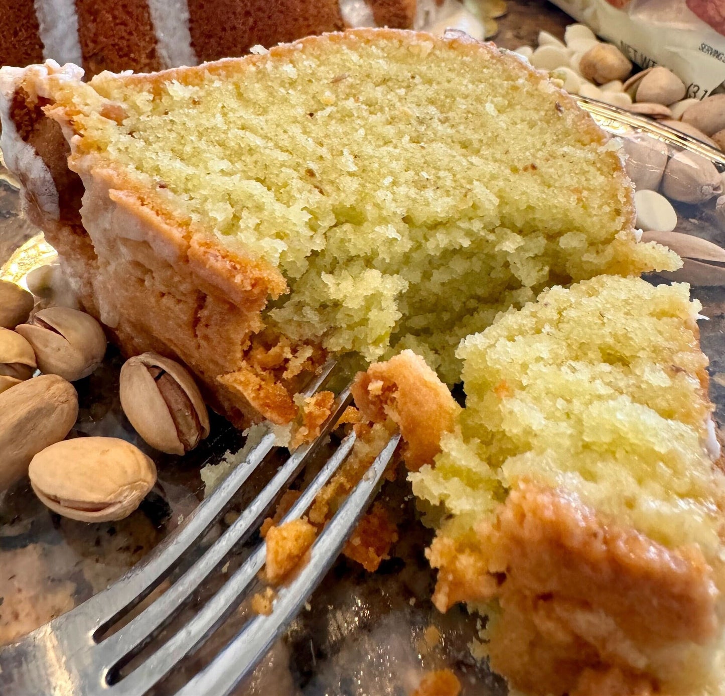 Pistachio Pound Cake with White Chocolate Glaze