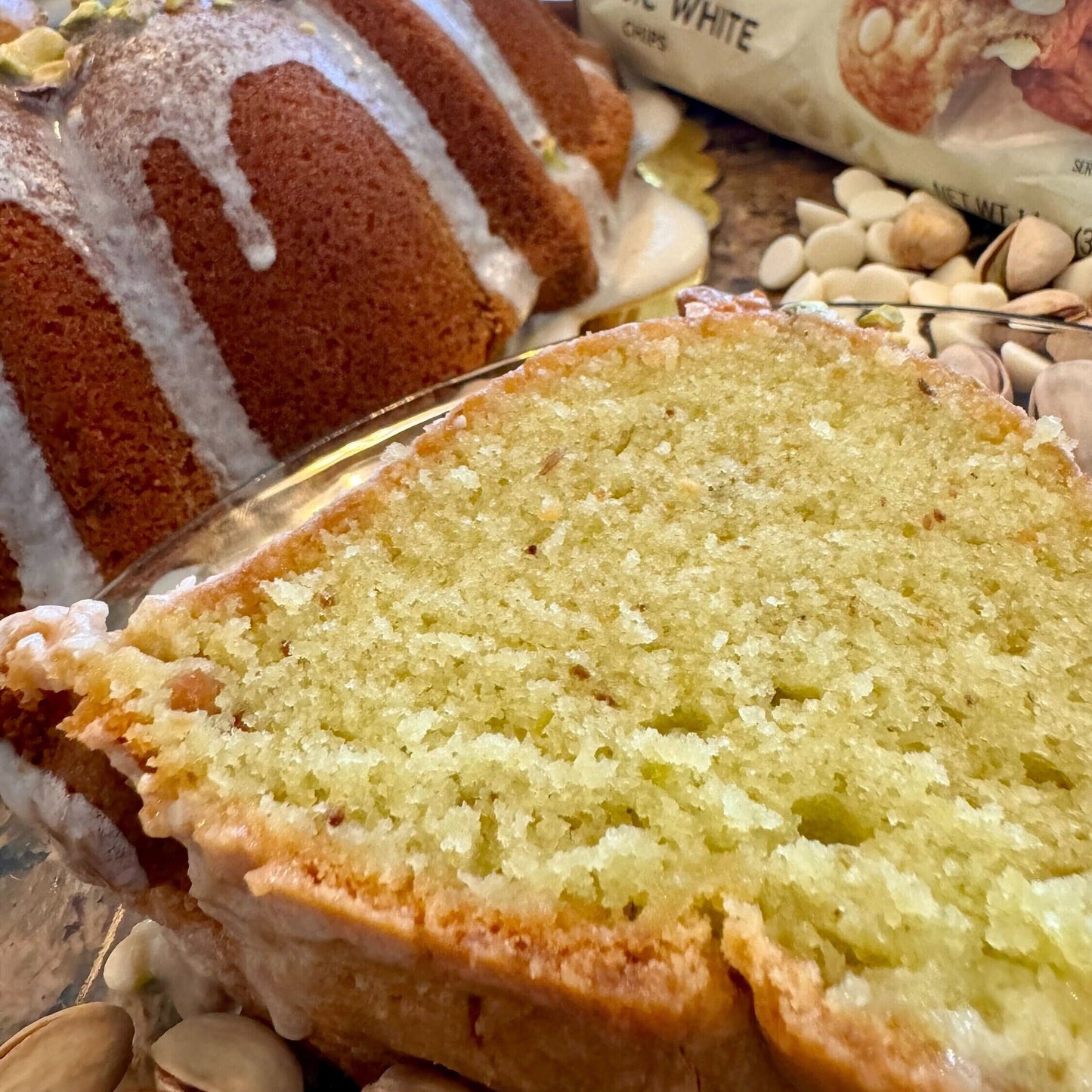 Pistachio Pound Cake with White Chocolate Glaze
